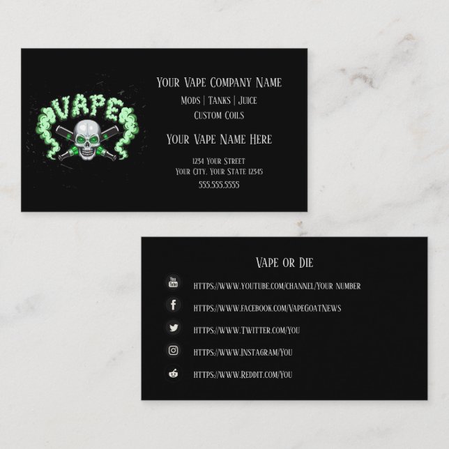 Carte De Visite VAPE | Vape Skull Business avec les médias sociaux (Devant / Derrière)
