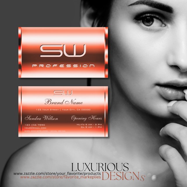 Carte De Visite Vermilion Rouge 3D Initiales Shimmery Heures d'ouv (Créateur téléchargé)