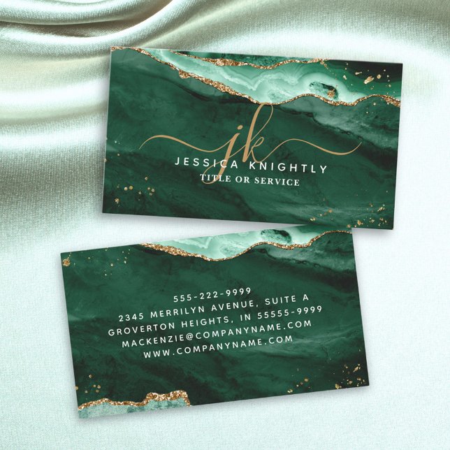 Carte De Visite Vert Agate Gold Parties scintillant Script Monogra (Créateur téléchargé)