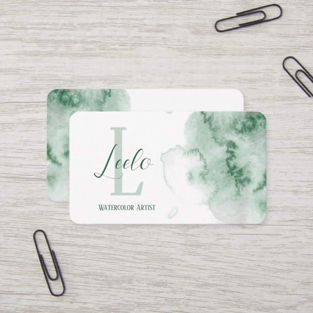 Carte de visite vert aquarelle (Devant/Arrière en situation)