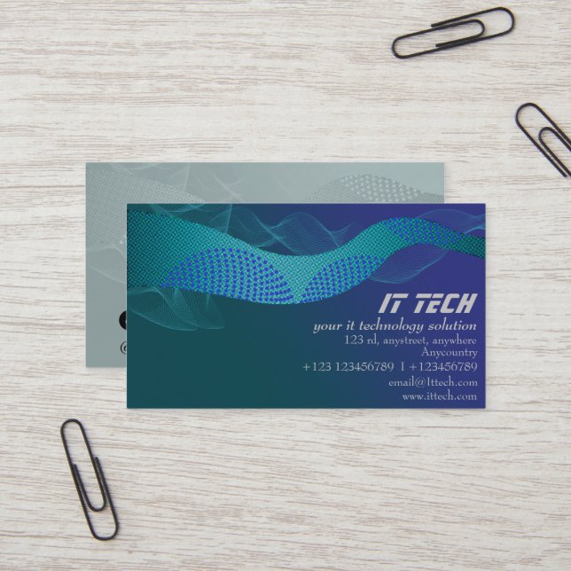 Carte De Visite Vert bleu Abstrait Techno Wave (Devant/Arrière en situation)