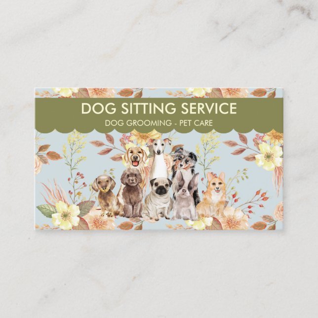 Carte De Visite Vert Bleu Fleurs de printemps Aquarelle Chiens (Devant)
