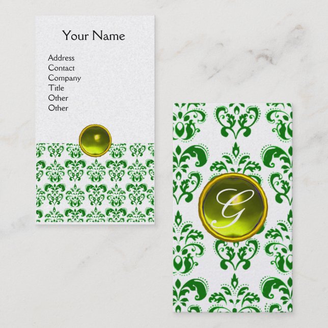 Carte De Visite VERT DAMASK JAUNE GEM MONOGRAM Pearle blanche (Devant / Derrière)