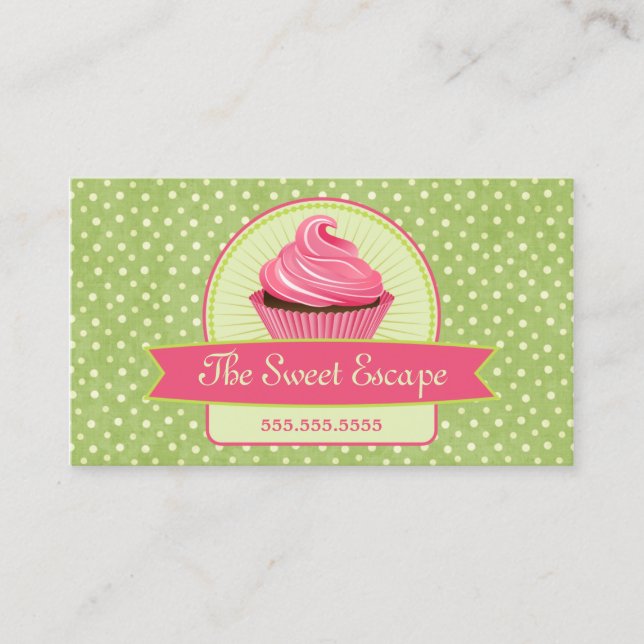 Carte De Visite Vert et rose de petit gâteau (Devant)