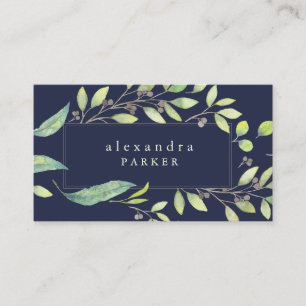 Carte De Visite Vert feuilles   Aquarelle tendance sur Midnight Bl