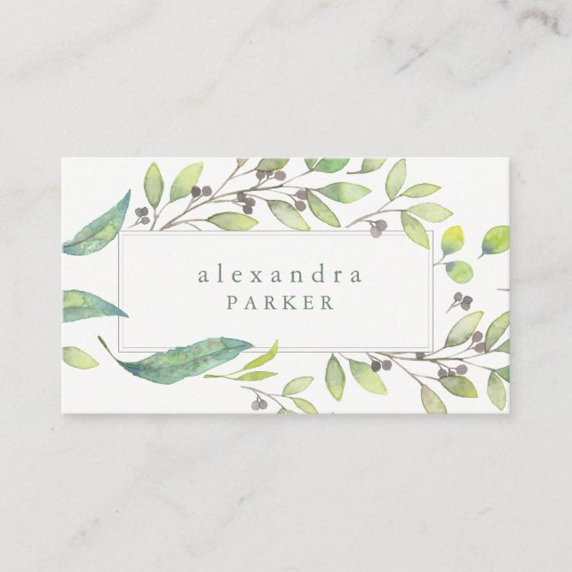 Carte De Visite Vert feuilles | Cadre Aquarelle tendance (Devant)