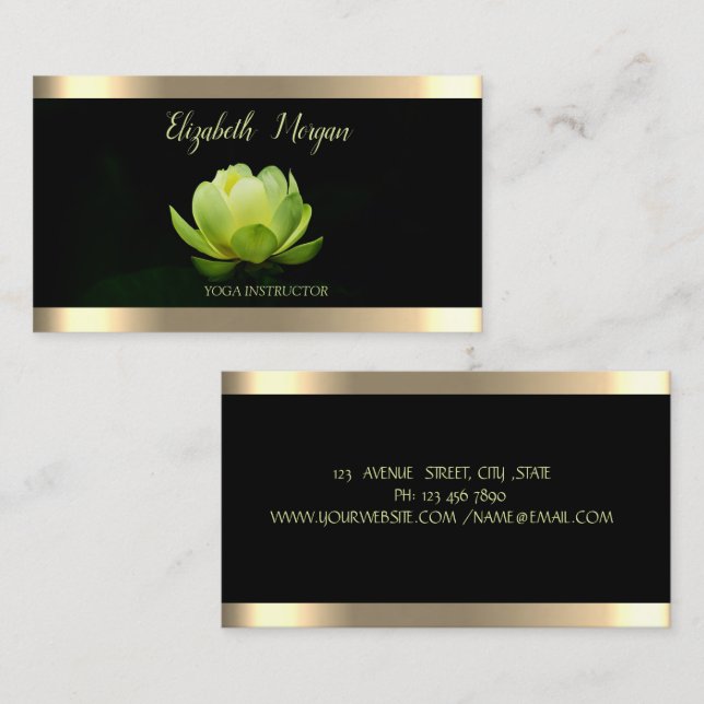Carte De Visite Vert Lotus Fleur Or Bande Noire Yoga (Devant / Derrière)