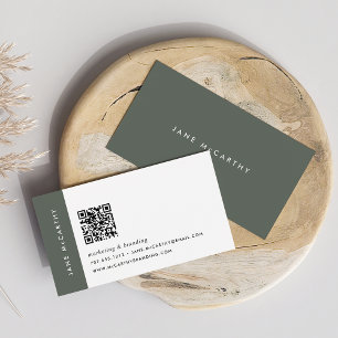 Carte De Visite Vert olive foncé   Code QR minimaliste moderne