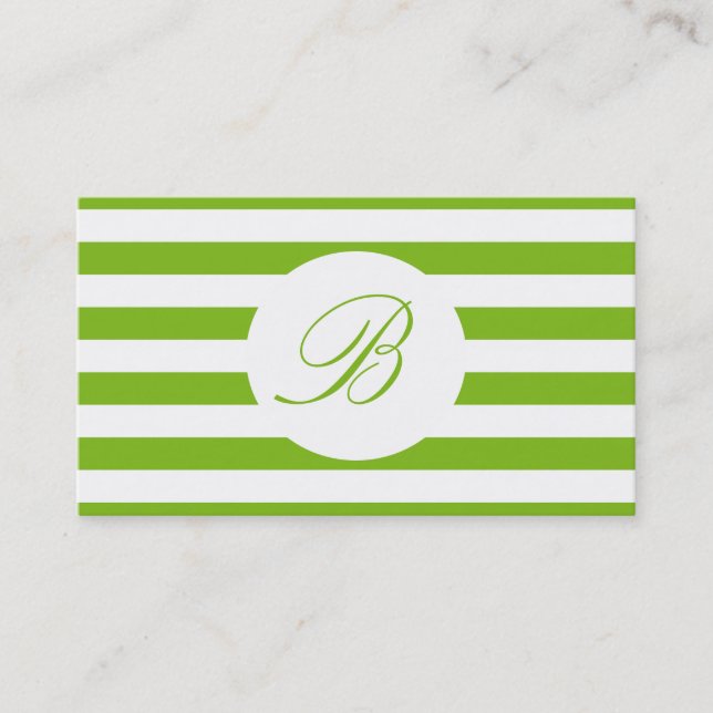 Carte De Visite Vert printanier rayé de monogramme (Devant)