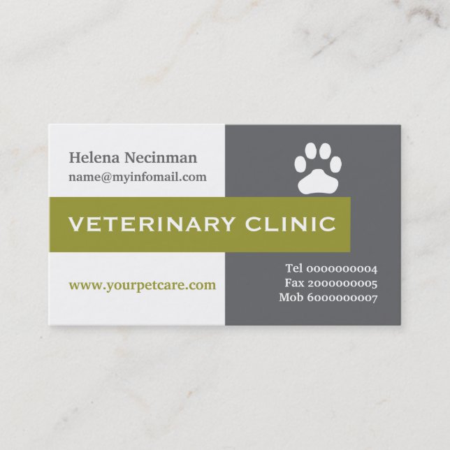 Carte De Visite Vet/Vétérinaire clinique patte vert olive accroche (Devant)