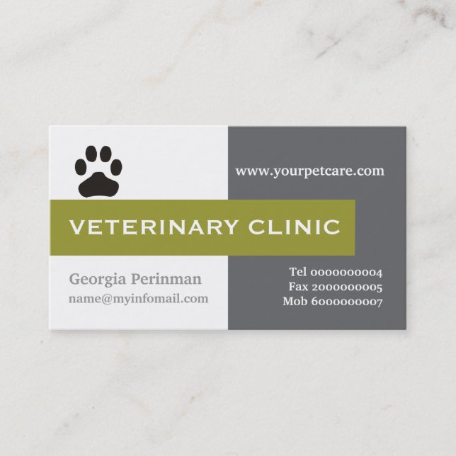 Carte De Visite Vet/Vétérinaire clinique patte vert olive accroche (Devant)
