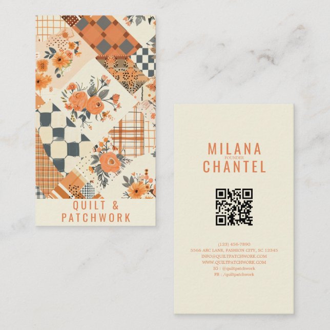 Carte De Visite Vêtement fait main en patchwork de quilt orange  (Devant / Derrière)