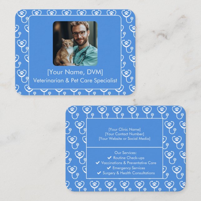 Carte de visite vétérinaire bleu personnalisable (Devant / Derrière)