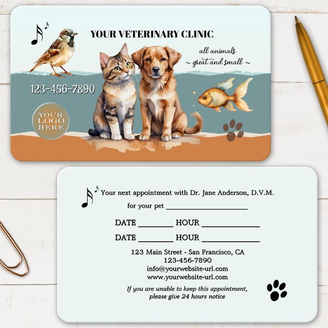 Carte de visite vétérinaire de la clinique animale (Professional business card for a veterinarian or pet clinic featuring watercolor animals)