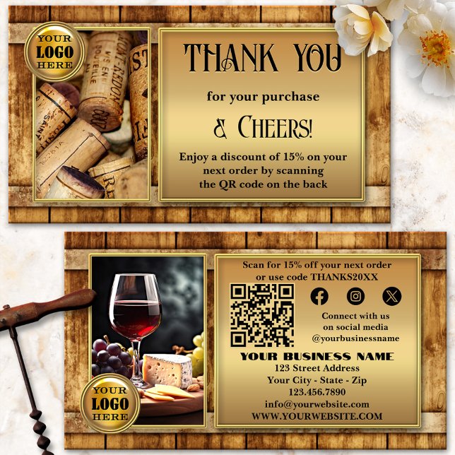 Carte De Visite Vignoble Vignoble Vin Vendeur Photo Merci (Thank you for your order business card featuring your custom photos on a wine barrel background)
