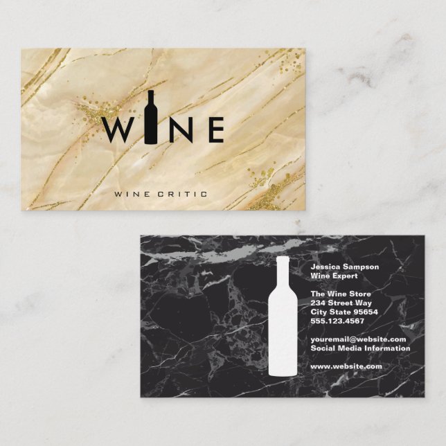 Carte De Visite Vin Bouteille Logo Or Marbre Noir (Devant / Derrière)