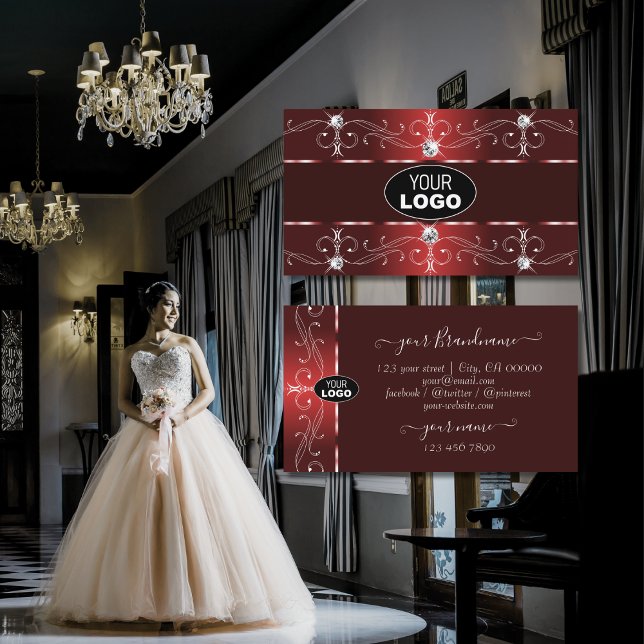 Carte De Visite Vin foncé d'ornement Bordure rouge ornée avec logo (Créateur téléchargé)