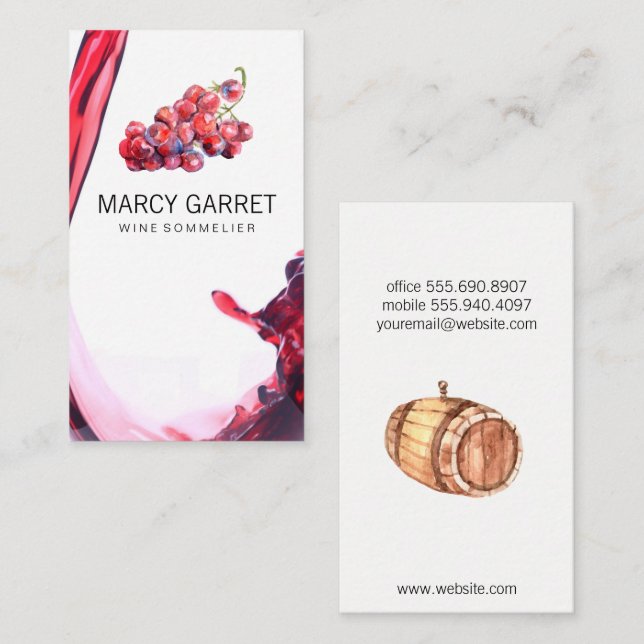 Carte De Visite Vin | Splash | Raisins de vin et baril (Devant / Derrière)