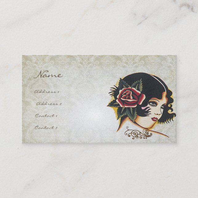 Carte De Visite Vinatge Girl Damask Rose Boutique Mode (Devant)