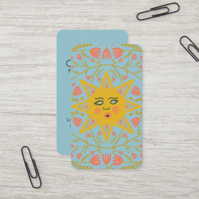 Carte De Visite Vins soleil et fleurs Élégant bleu illustré (Devant/Arrière en situation)