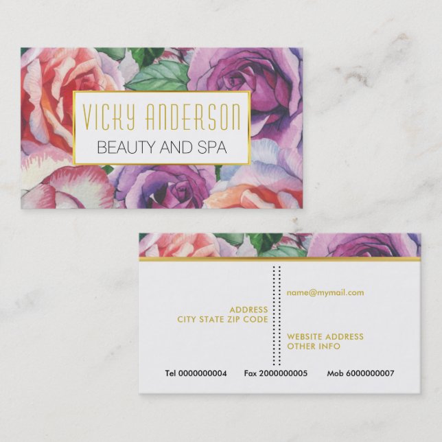 Carte De Visite Vintage aquarelle rose (Devant / Derrière)