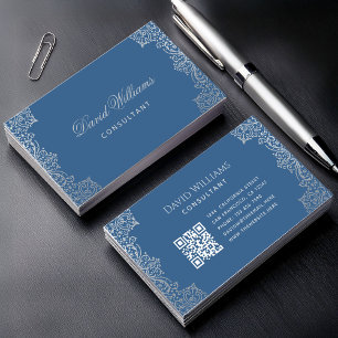 Carte De Visite Vintage classique bleu QR Code antique Ornate Scri