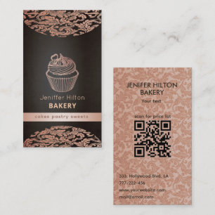 Carte De Visite Vintage élégant cupcake damask boulangerie code QR