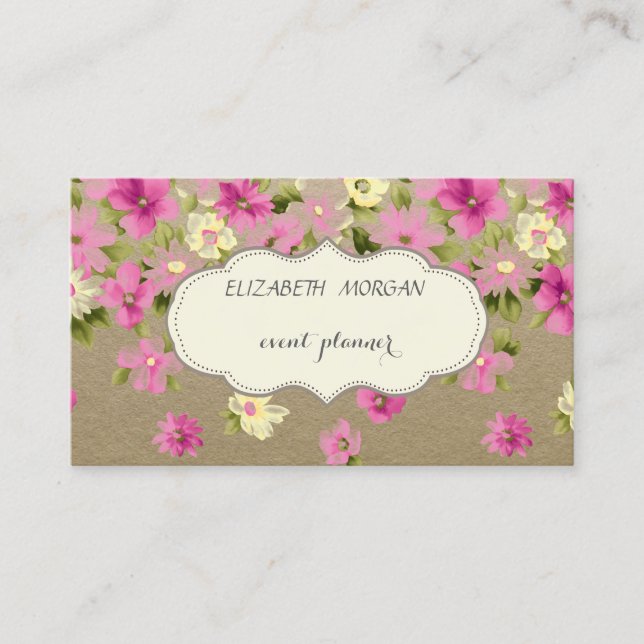Carte De Visite Vintage élégant, Kraft, Fleurs (Devant)