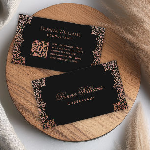 Carte De Visite Vintage noir rose QR Code Élégant Script antique