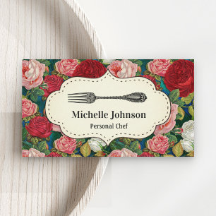 Carte De Visite Vintage Roses Rouges Fourche Florale Chef cuisinie