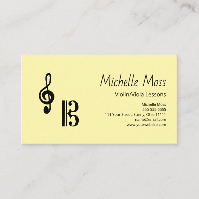 Carte De Visite Violin Viola Lessons Simple Musical Clefs Yellow (Devant)