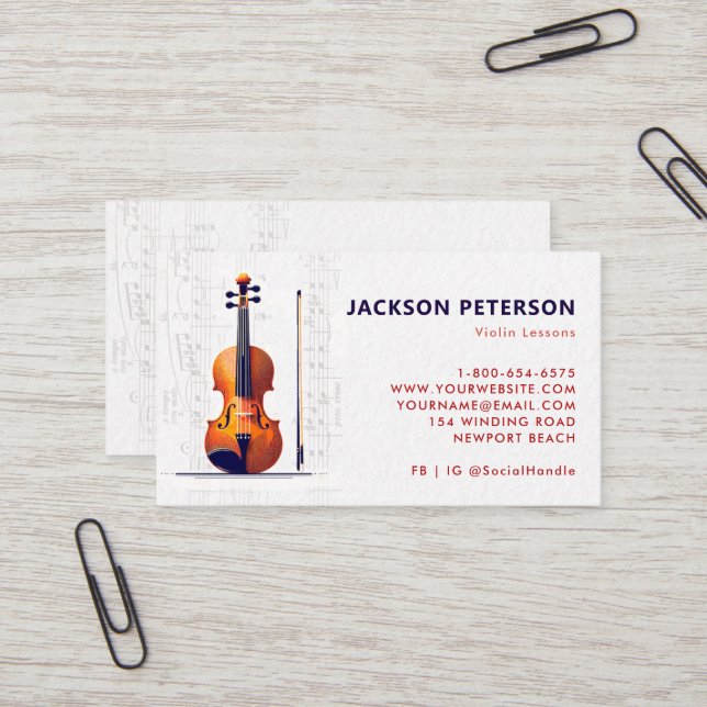 Carte De Visite Violon Musical Notes Personnel Musicien Profession (Devant/Arrière en situation)