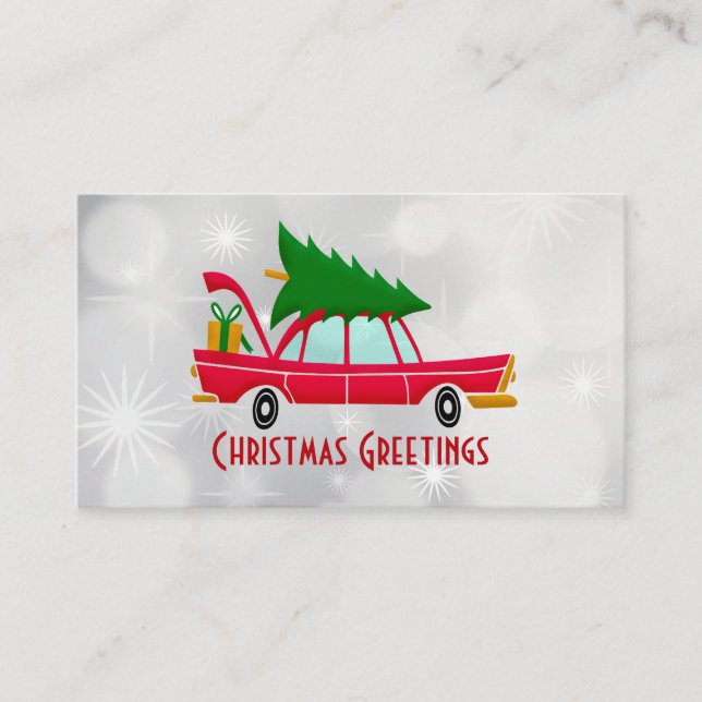 Carte De Visite Voiture rouge rétro portant un arbre de Noël (Devant)