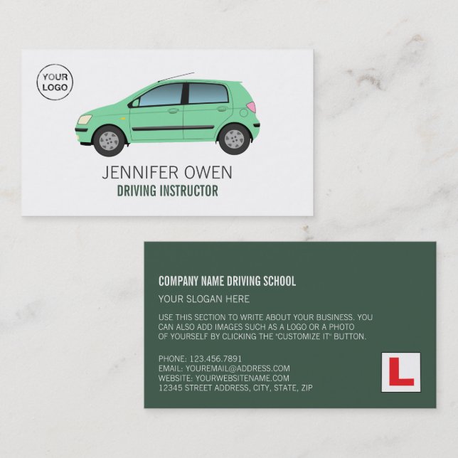 Carte De Visite Voiture verte moderne, École de conduite, Instruct (Devant / Derrière)