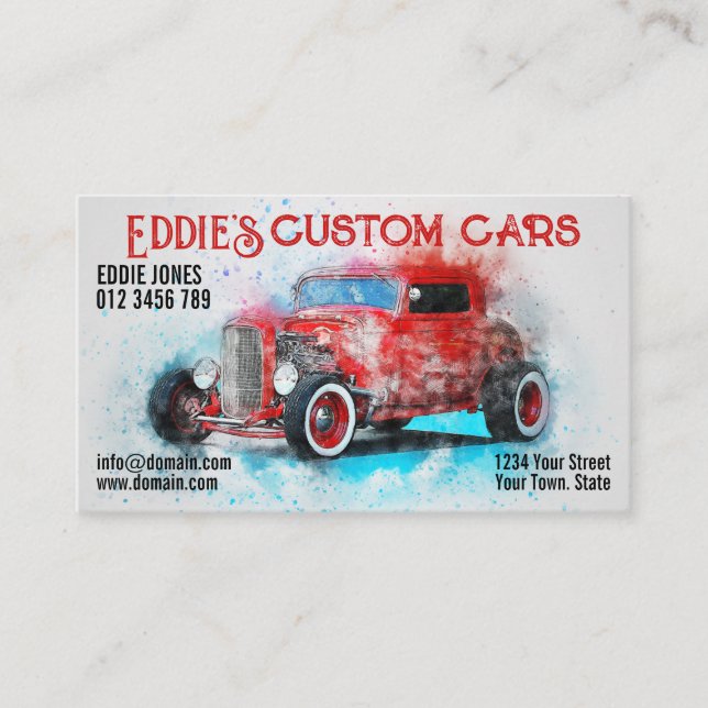 Carte De Visite Voitures Personnalisées, Aquarelle Hot Rod, Grunge (Devant)