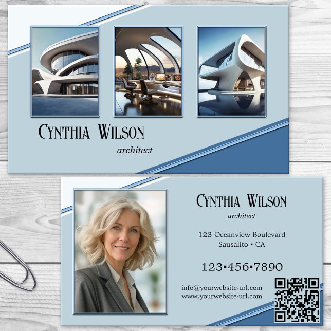 Carte De Visite Vos Photos Blue Modern Architect (Business card featuring your photos framed by a modern blue geometric design - architect - design)