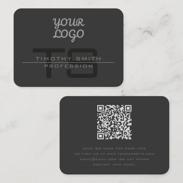 Carte De Visite Votre logo et code QR Moderne Elegant gris foncé (Devant / Derrière)