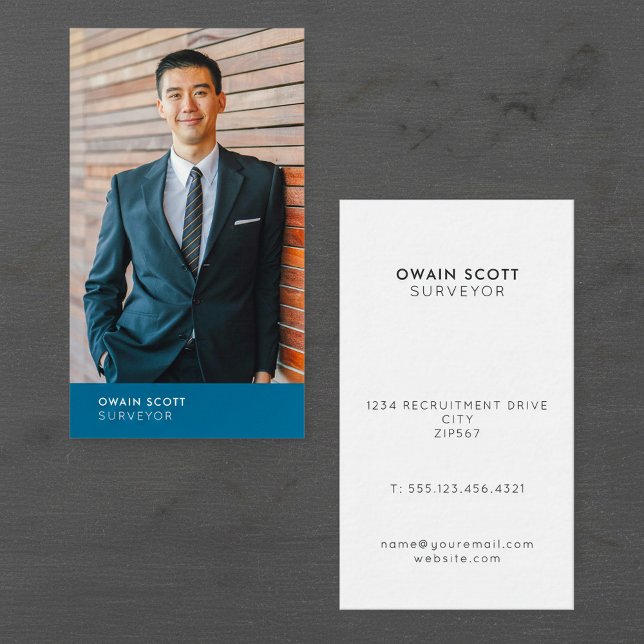 Carte De Visite Votre photo, titre bleu moderne (Your photo, modern blue title business card.)
