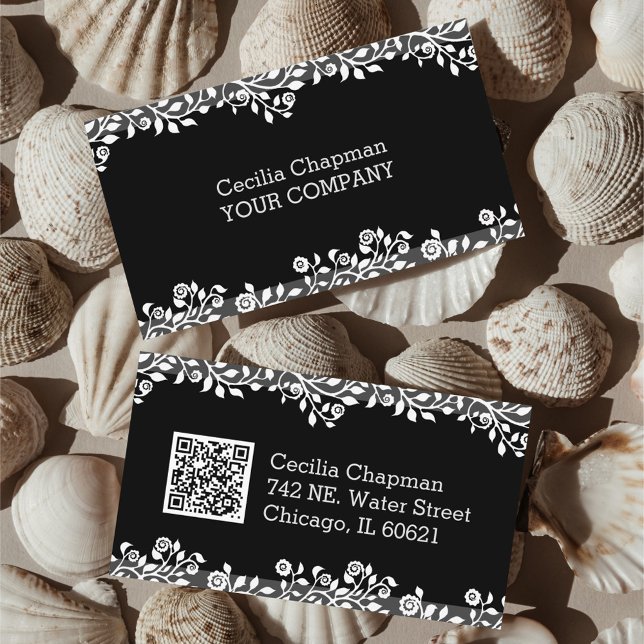 Carte De Visite Votre QR Code Floral Noir élégant élégant gothique (Créateur téléchargé)