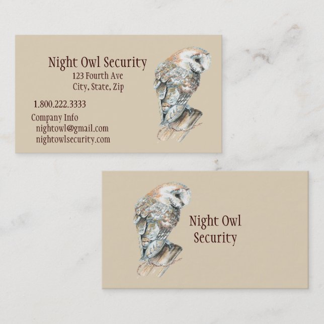 Carte De Visite Watercolor Barn Owl Security Business (Devant / Derrière)