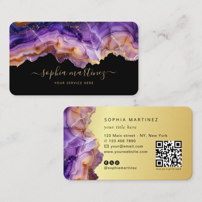 Carte De Visite Watercolor Purple Agate gold glitter & QR Code (Devant / Derrière)