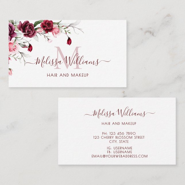 Carte De Visite Watercolor Roses Monogram Black (Devant / Derrière)