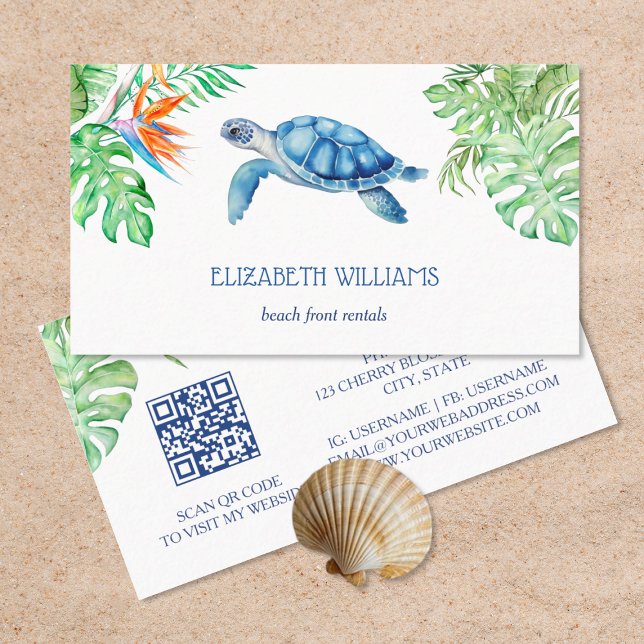 Carte De Visite  Watercolor Turtle Tropical Leaves (Créateur téléchargé)