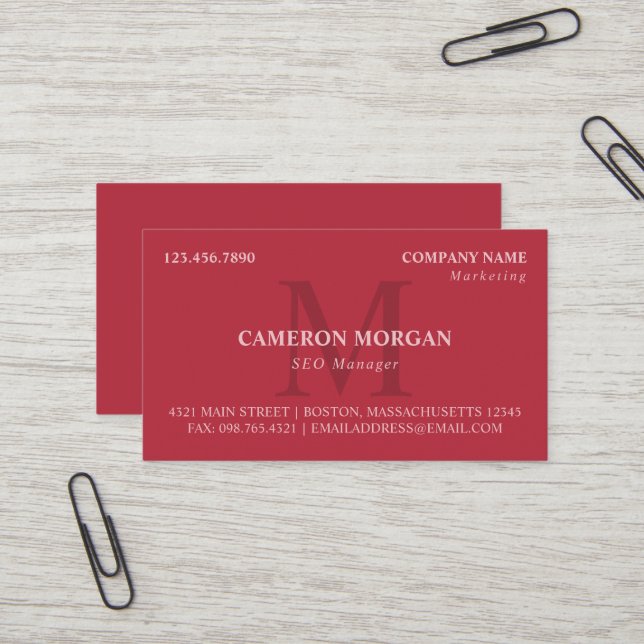 Carte De Visite Watermelon Red Monogramme Professionnel (Devant/Arrière en situation)