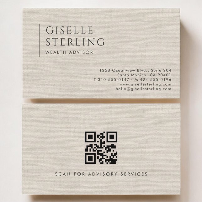Carte De Visite Wealth Advisor Luxury Neutral Linen QR Code (Créateur téléchargé)