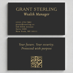 Carte De Visite Wealth Manager Minimaliste Black Gold QR Code