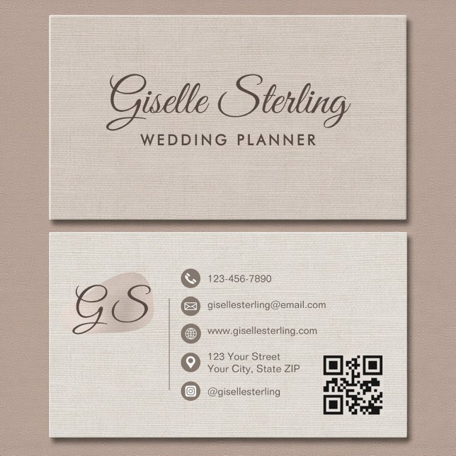 Carte De Visite Wedding Planner Beige Linen Modern Elegant QR Code (Créateur téléchargé)