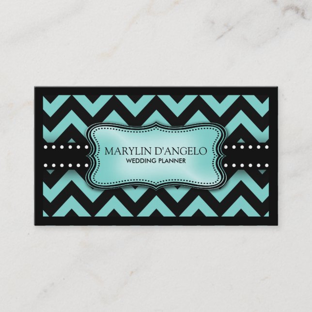 Carte De Visite Wedding planner bleu et noir d'Aqua de Chevron (Devant)