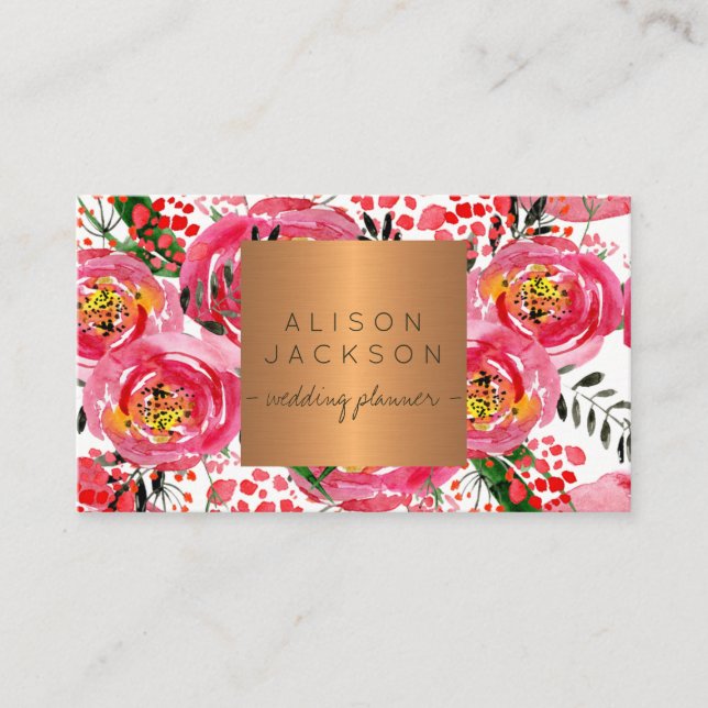 Carte De Visite Wedding planner d'or en cuivre de pivoines (Devant)