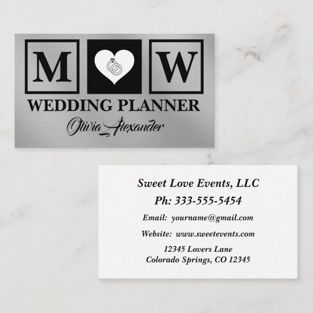 Carte de visite Wedding planner en argent noir sim (Devant / Derrière)